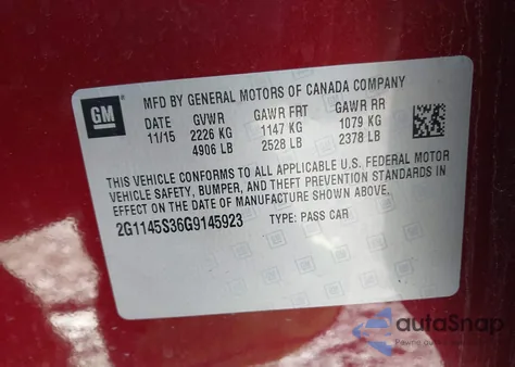 2016 Chevrolet Impala 2Lz from USA, damaged, VIN 2G1145S36G9145923